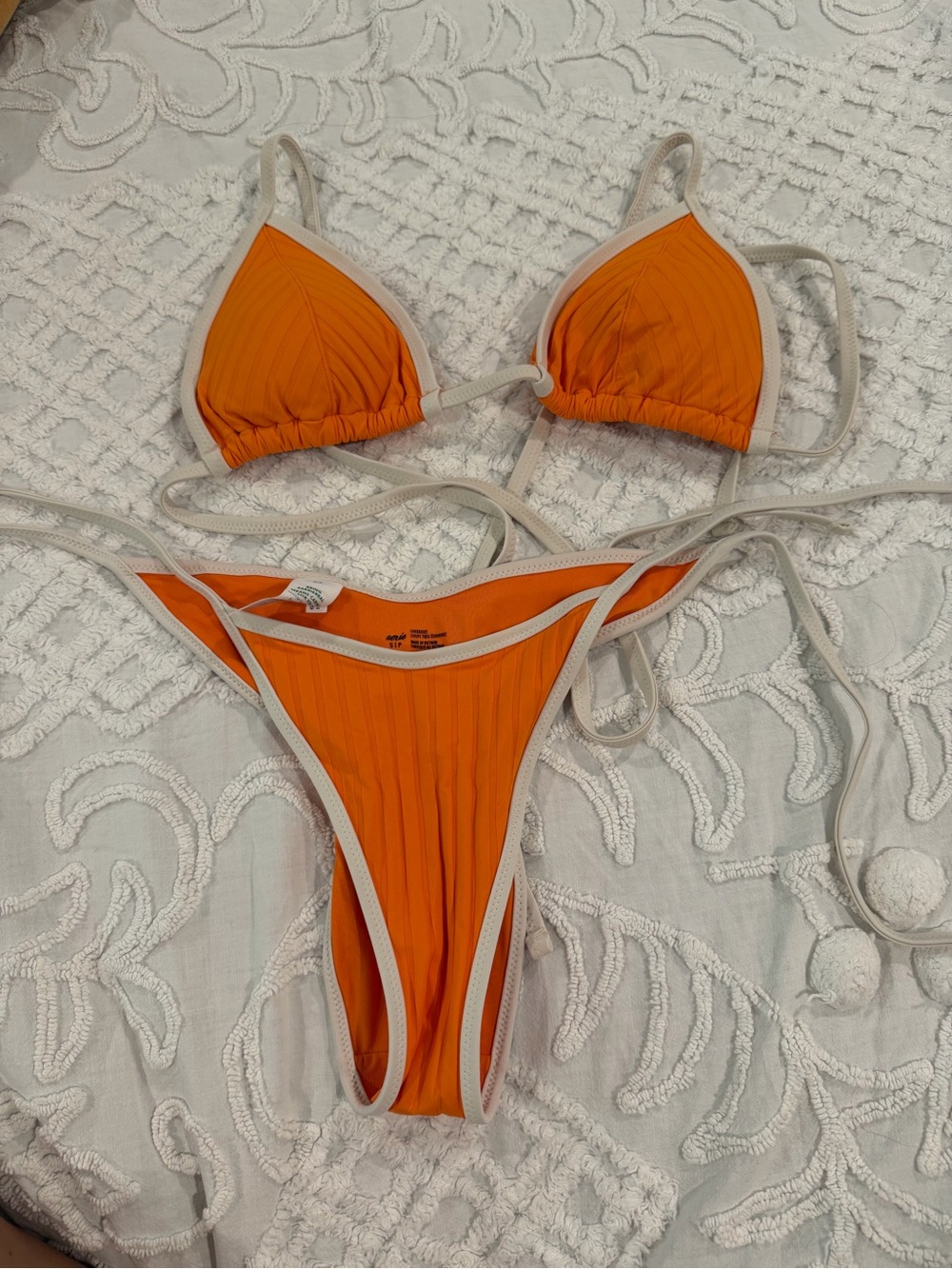 Aerie Women’s Orange Ribbed Triangle Bikini with Contrast Trim